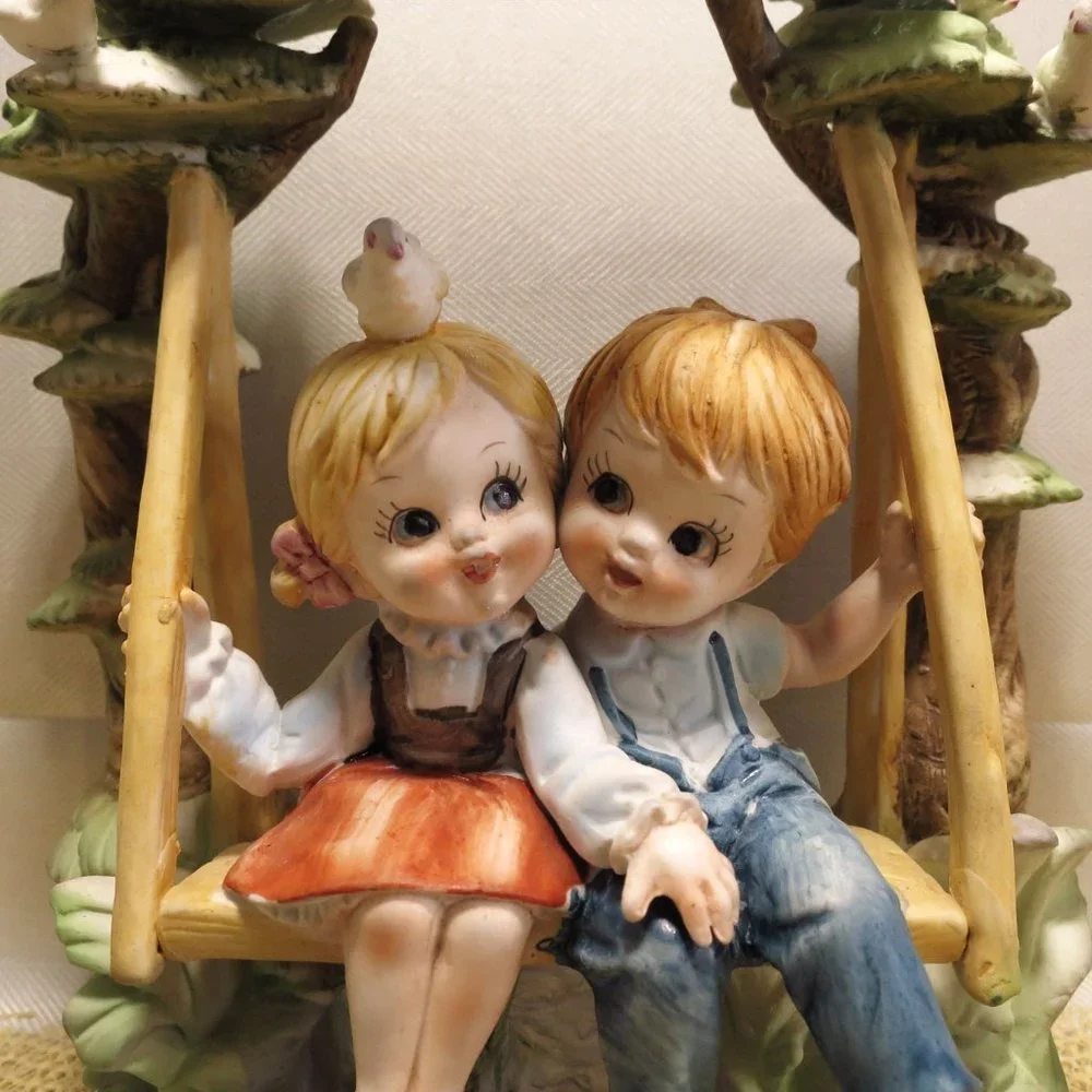 Figurine Boy and Girl Friends on Swing ESD Japan Porcelain Bisque - Picture 3 of 4